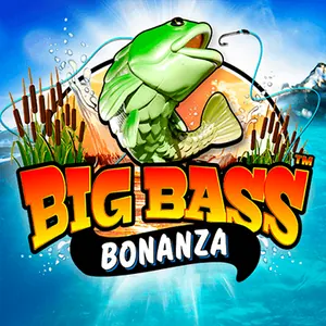 Grønn abbor som hopper etter en fiskekrok mellom siv og fjell, over den oransje logoen til Big Bass Bonanza