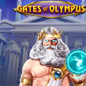 Zeus med lagerkrans och ett blått energiklot framför ett grekiskt tempel under logotypen Gates of Olympus