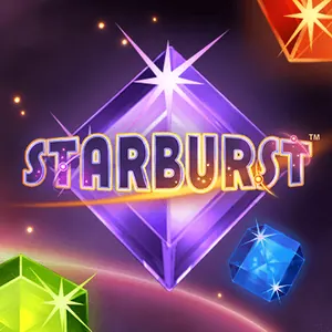En stor lilla krystall som gnistrer i verdensrommet bak Starburst-logoen, med grønne og blå edelsteiner i hjørnene