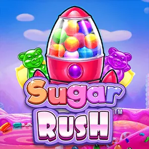 Rosa godisautomat fylld med färgglada tuggummibollar mellan två gelébjörnar ovanför logotypen Sugar Rush