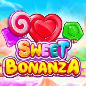 Godishjärta, grönt vingummi och klubba i pastellfärger över den runda logotypen till Sweet Bonanza