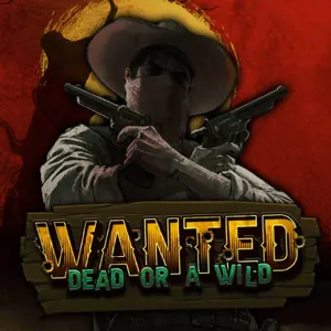 Maskert revolvermann med cowboyhatt og to pistoler foran en rød sol over et treskilt med teksten Wanted Dead or a Wild