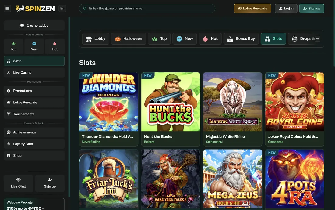 Spinzens engelska version sedd från Sverige med fliken Slots vald, kategorirad högst upp och spelrutor med studionamn